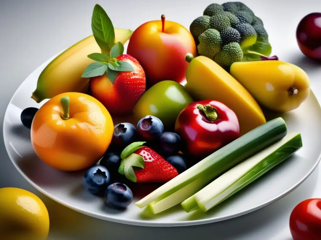 Una composición de frutas y verduras vibrantes en un plato blanco, irradiando frescura y salud para mejorar la función cognitiva.