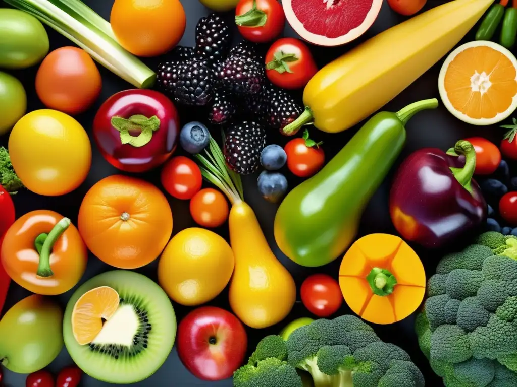 Una composición visualmente impactante de frutas y verduras coloridas, resaltando la importancia de prevenir la deficiencia de vitaminas y minerales.