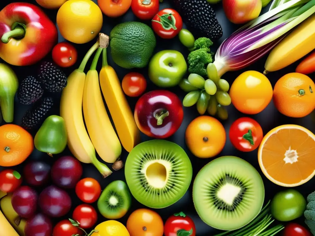 Una composición visualmente impactante de frutas y verduras coloridas, frescas y apetitosas. Captura la diversidad y belleza natural de alimentos saludables. <b>Verdad sobre los alimentos quemagrasa.