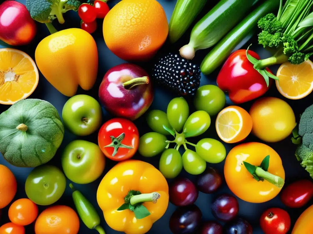 Una composición visualmente impactante de frutas y verduras frescas, destacando la importancia de la nutrición deportiva para mejorar rendimiento.