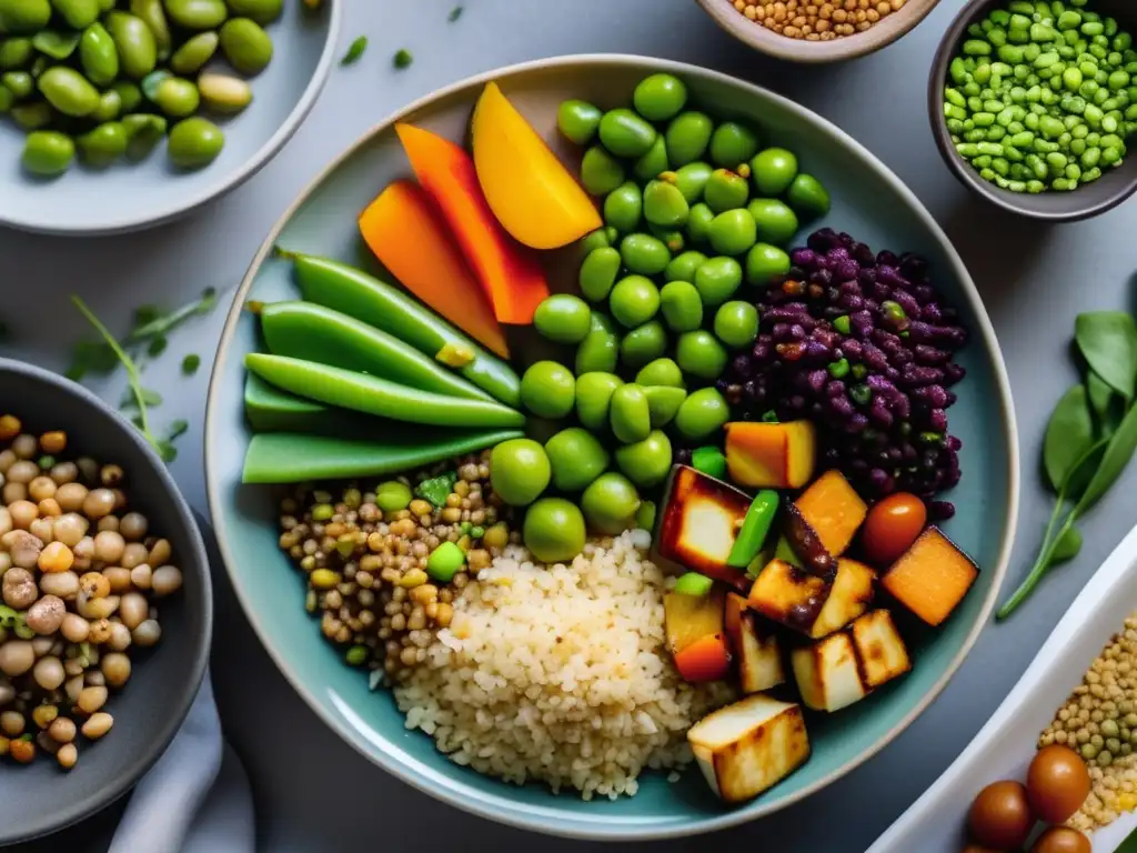 Una composición visualmente impactante de fuentes de proteínas vegetales, destacando la diversidad y riqueza de alimentos para construir músculo con alimentación vegetal.