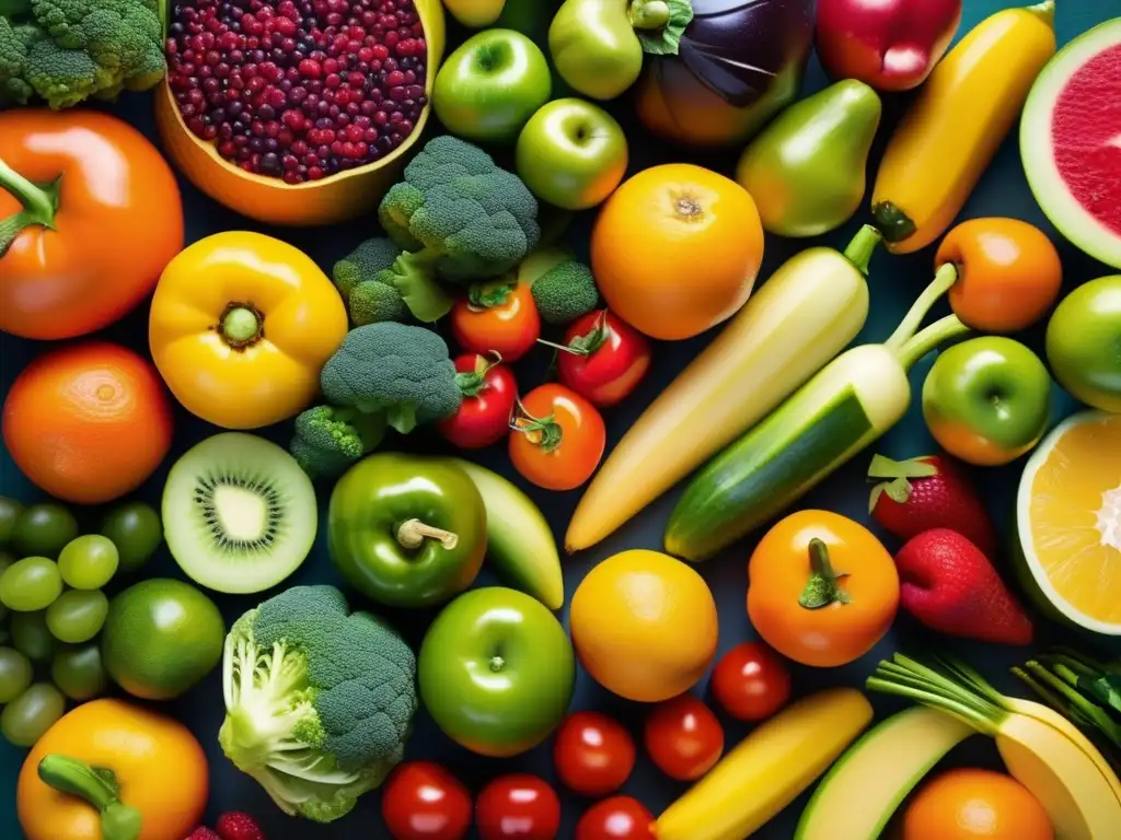Una composición visualmente impresionante de frutas y verduras coloridas, exudando frescura y vitalidad. <b>Suplementación para alergias alimentarias.