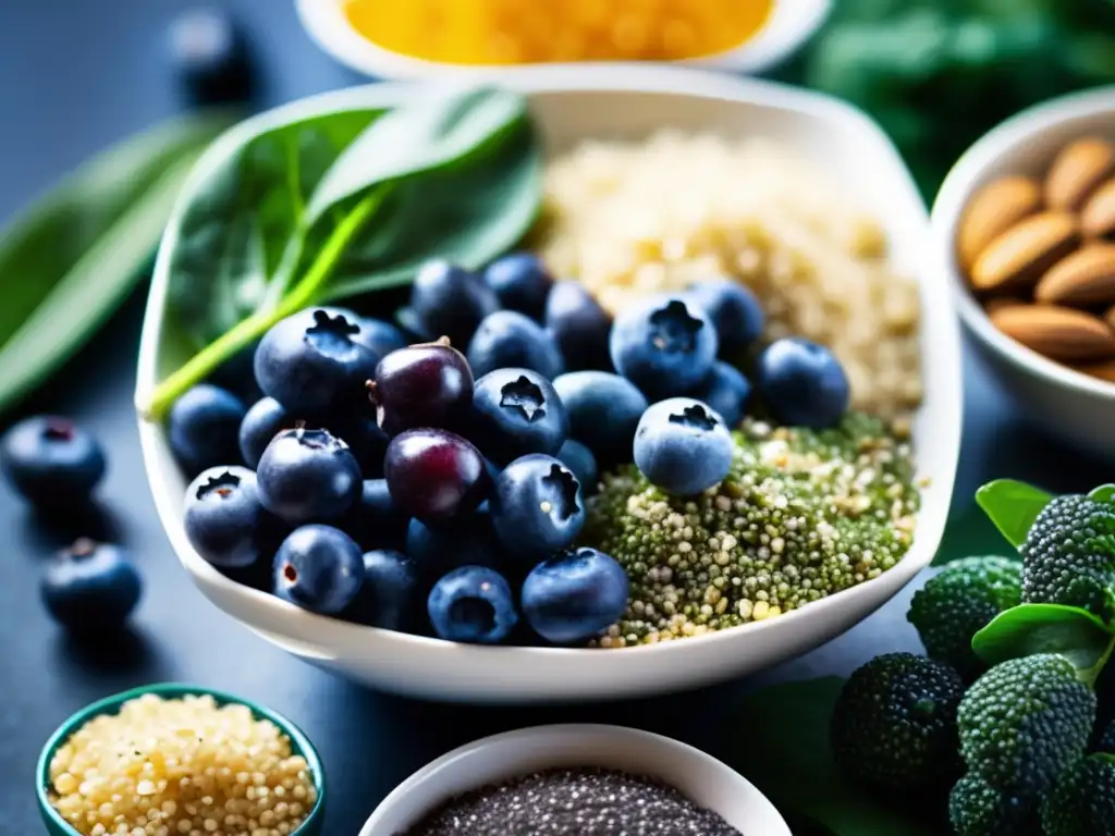 Una composición visualmente impresionante de superalimentos para dieta saludable, con colores vibrantes y frescura exuberante.