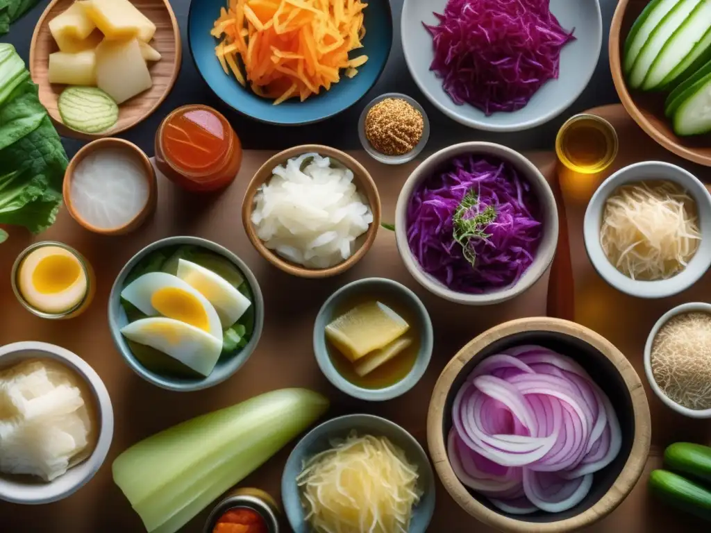 Una composición moderna de alimentos fermentados - kimchi, sauerkraut, kefir y kombucha - destacando texturas, colores vibrantes y beneficios para la salud intestinal.
