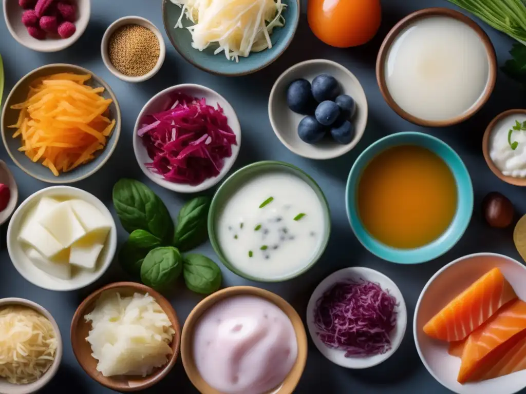 Una composición moderna y colorida de alimentos fermentados como yogur, kimchi, chucrut, kéfir y kombucha. Representa la diversidad y frescura de los beneficios de probióticos en alimentación.