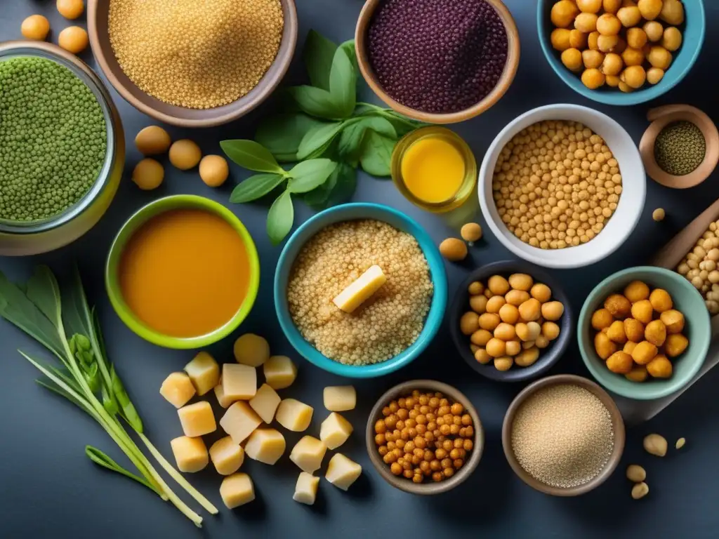 Una composición moderna y colorida de fuentes de proteína vegetal como quinoa, lentejas, garbanzos y tofu. <b>Muestra la diversidad y sostenibilidad de las proteínas alternativas, transmitiendo frescura y abundancia nutricional.</b> <b>¡Impacto proteínas alternativas medio ambiente!