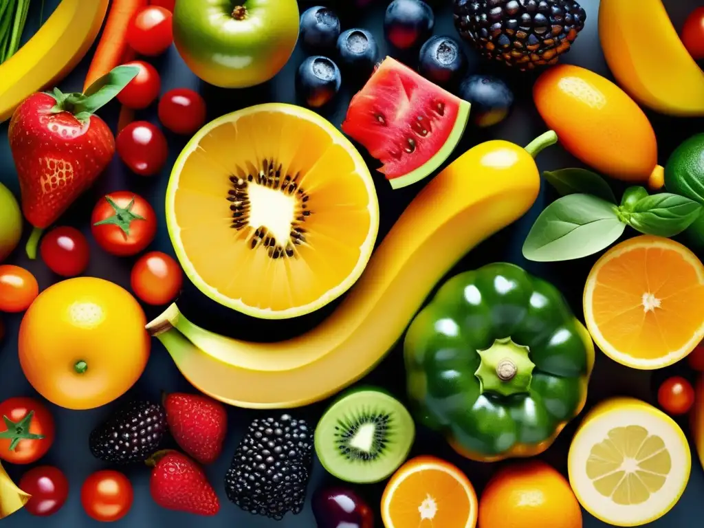 Una composición moderna de frutas y verduras frescas, resaltando su valor nutricional. <b>Importancia vitaminas minerales dieta.