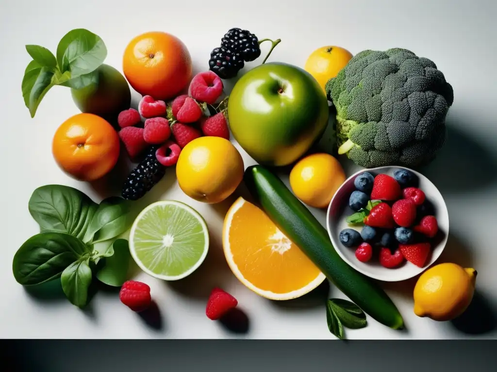 Una composición moderna de frutas y verduras frescas, exudando vitalidad y frescura. <b>La luz natural realza los detalles.</b> <b>¡Beneficios del consumo de frutas y verduras para reducir la angustia!