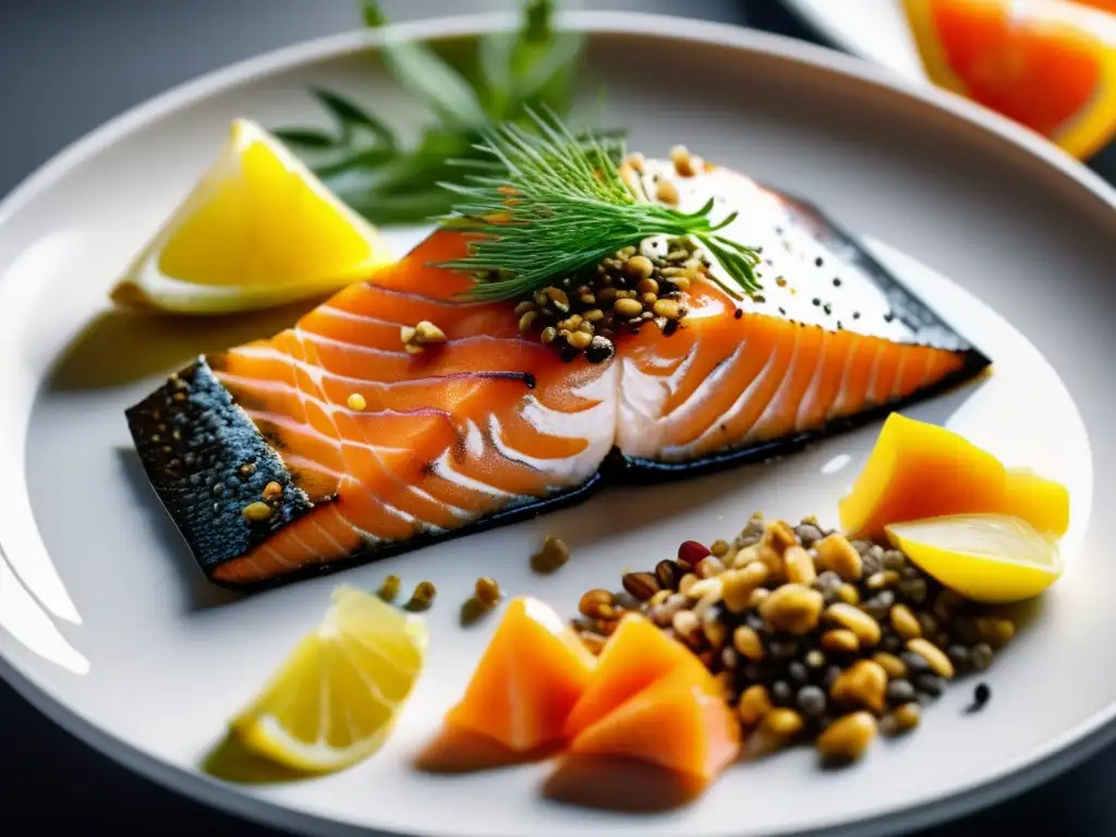 Una composición moderna y vibrante de alimentos ricos en omega 3 en un elegante plato blanco. <b>Beneficios del Omega 3 para la salud.