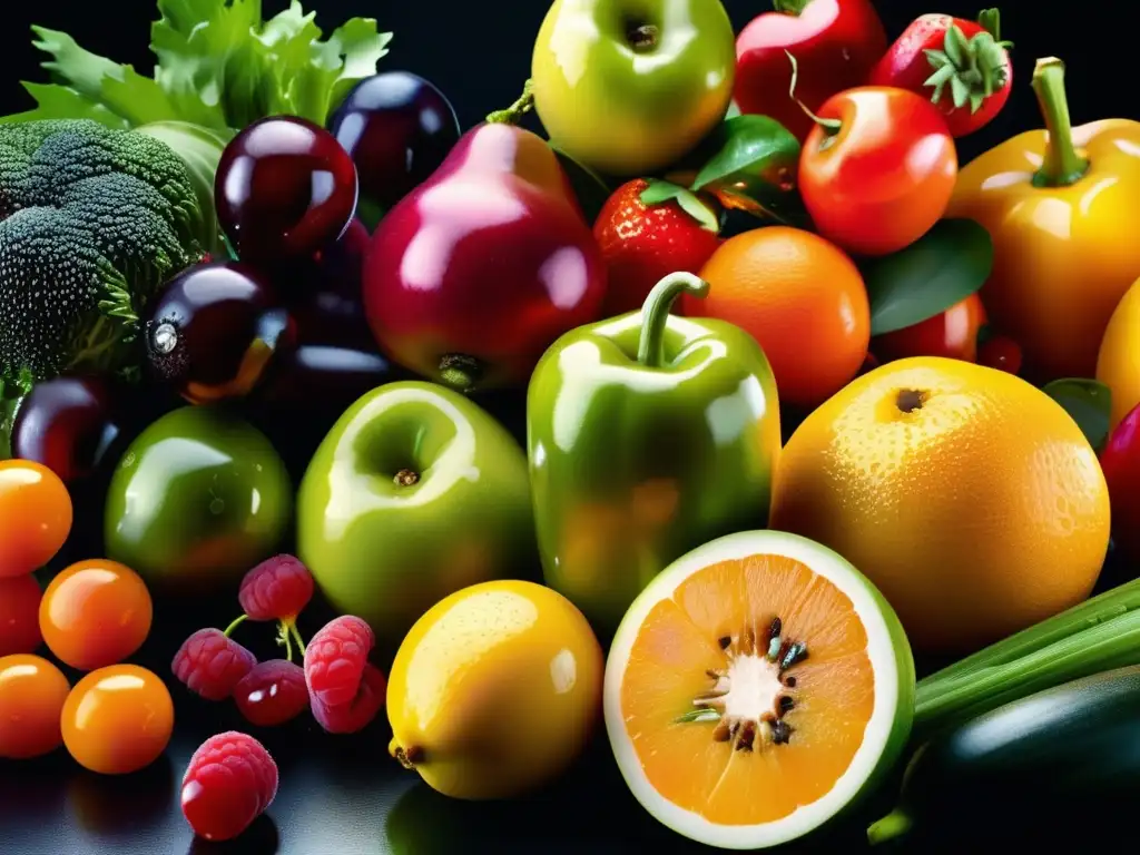 Una composición moderna y vibrante de frutas y verduras frescas, goteando agua. <b>Alimentos para una mente ágil.