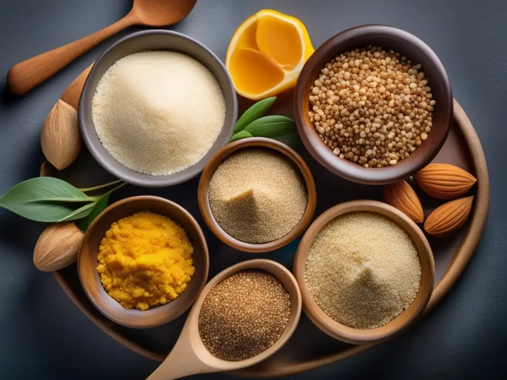 Una composición moderna y vibrante de granos sin gluten como quinoa, harina de almendra, harina de coco y trigo sarraceno resaltando la conexión entre gluten y enfermedades autoinmunes.