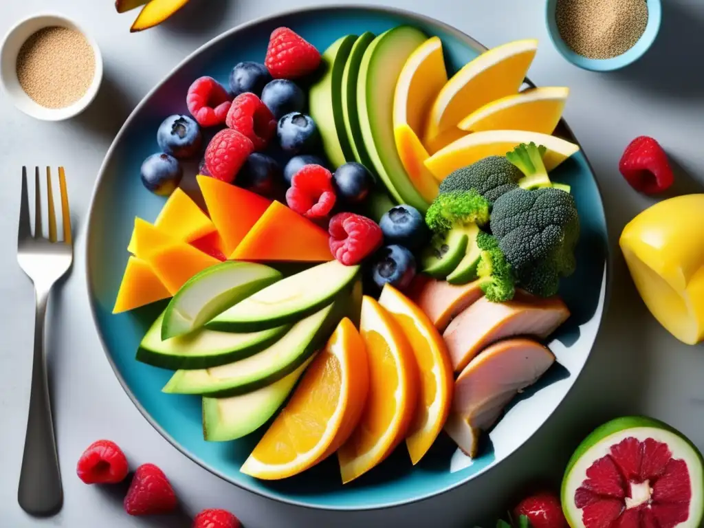 Una composición de plato perfectamente equilibrado con proteínas magras, grasas saludables y frutas y verduras coloridas, representando la Dieta de la Zona para balancear macronutrientes.