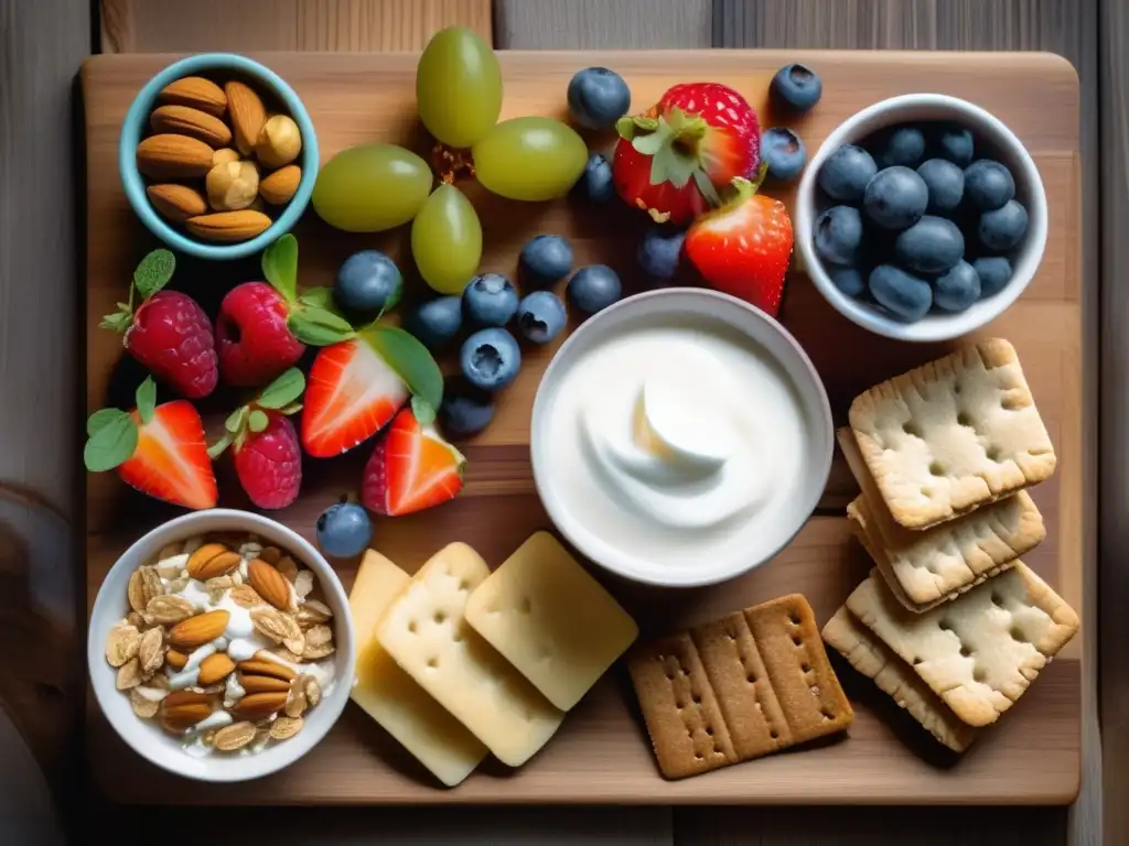 Una composición de snacks preentrenamiento dieta saludable, con frutas, frutos secos y yogurt, en una tabla de madera.