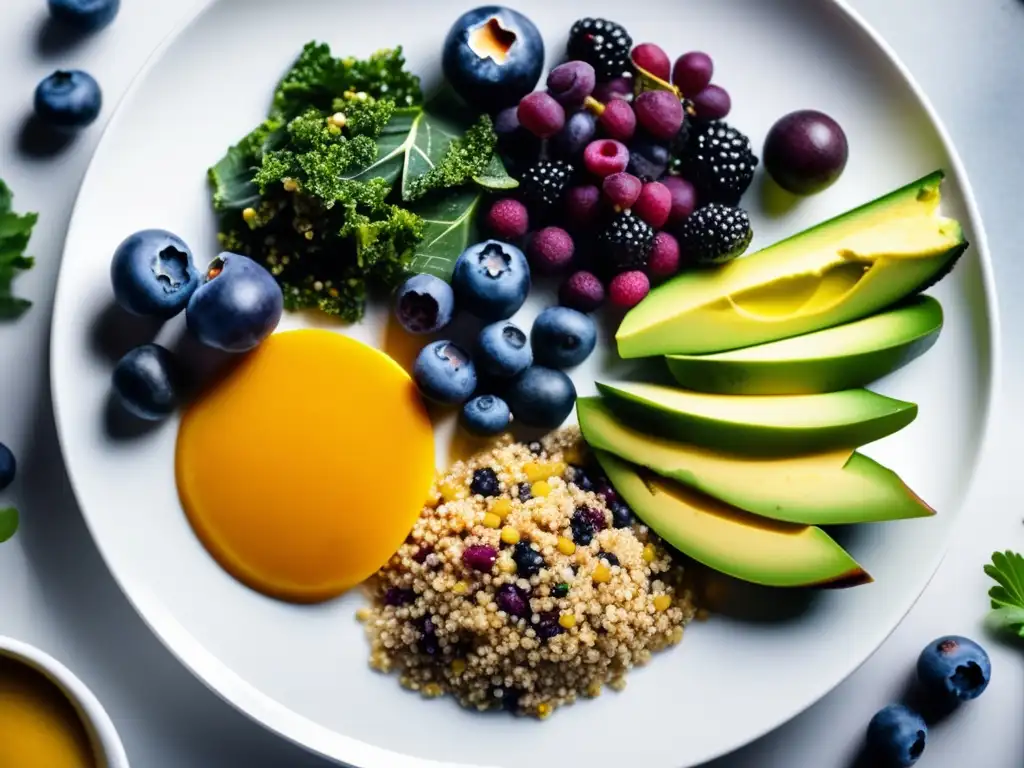 Una composición vibrante de alimentos con superpoderes beneficios salud, incluyendo arándanos, aguacate, semillas de chía y kale, sobre un plato blanco.