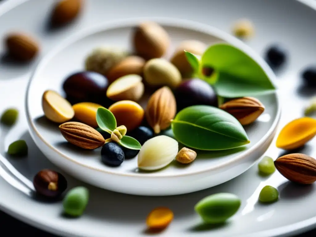 Una composición vibrante de brotes y frutos secos en una elegante placa blanca. <b>Captura la esencia de los germinados y sus beneficios nutricionales.