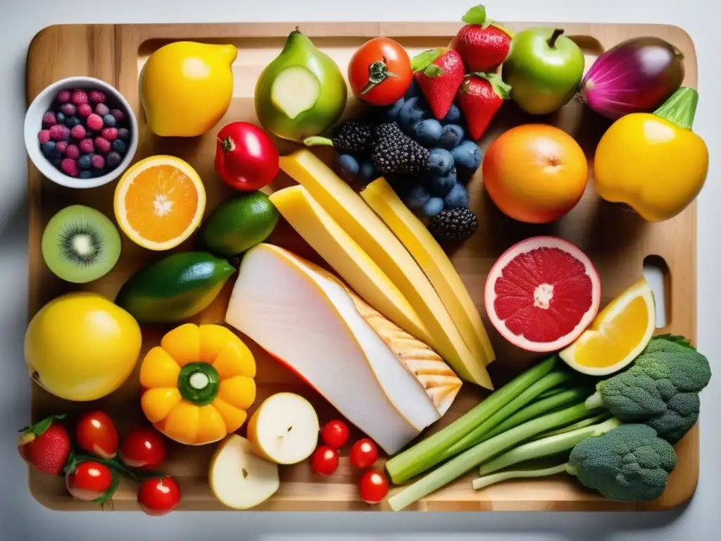 Una composición vibrante y colorida de alimentos enteros y frescos en una tabla de cortar de madera. <b>Destaca la abundancia de alimentos saludables de la Dieta Whole30 principios efectos.