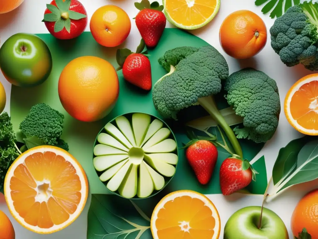 Una composición vibrante y detallada de frutas y verduras frescas en un patrón geométrico moderno sobre fondo blanco. <b>Captura la esencia de los alimentos funcionales y las guías de salud.