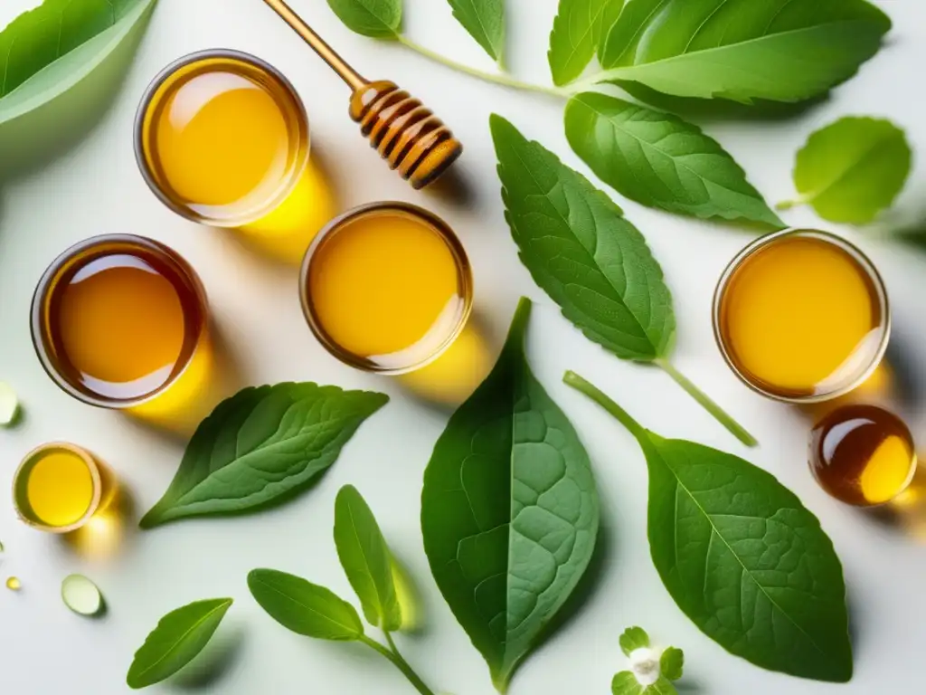 Una composición vibrante de edulcorantes naturales en suplementos: hojas de stevia, fruta de monje y miel cruda en contraste de colores y texturas.