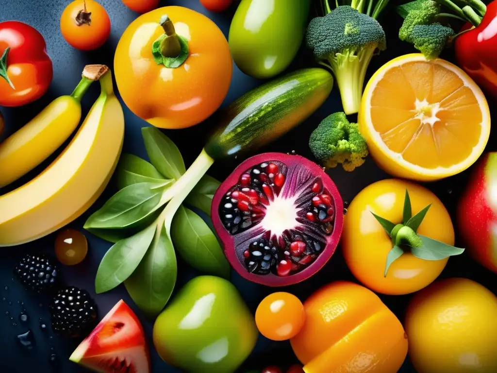 Una composición vibrante y fresca de frutas y verduras con gotas de agua, creando una imagen apetitosa. <b>Nutrición antioxidante mitos y realidades.