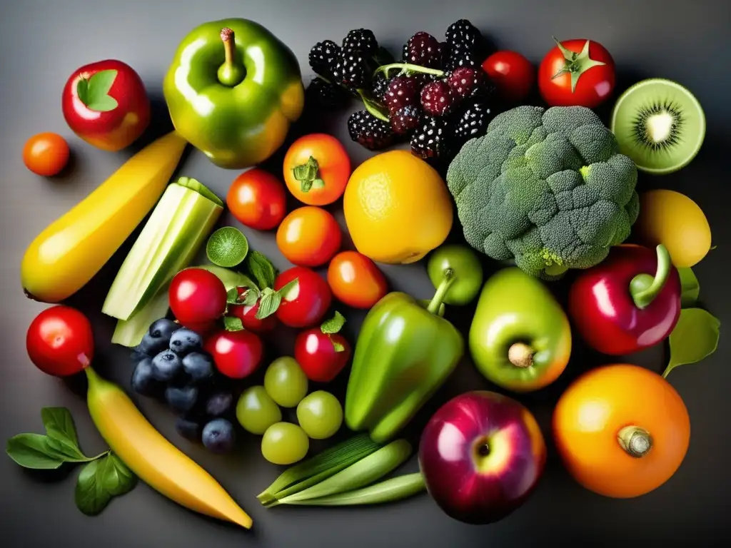Una composición vibrante de frutas y verduras frescas, resaltando la importancia de las vitaminas en la dieta.