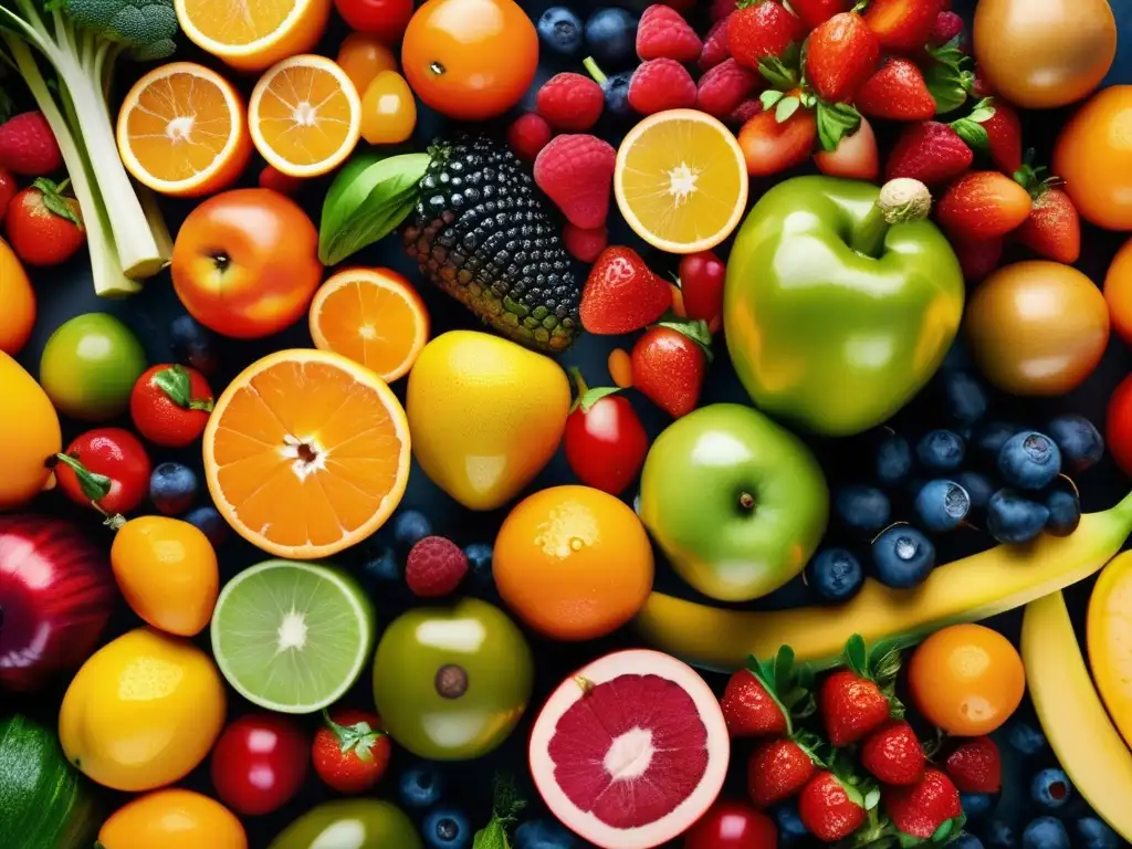 Una composición vibrante de frutas y verduras coloridas con gotas de agua. Las texturas ricas y colores vivos evocan vitalidad y frescura, en línea con estudios sobre la influencia del microbioma en la elección de alimentos.