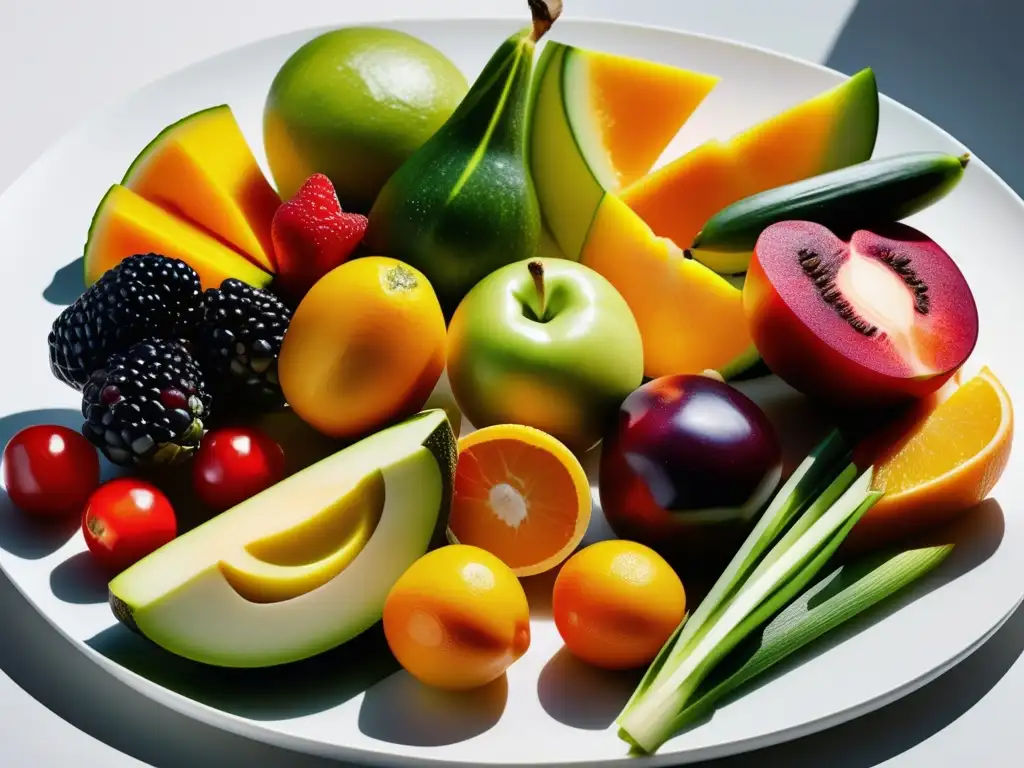 Una composición vibrante de frutas y verduras crudas en un patrón geométrico sobre un plato blanco. Destaca la esencia del movimiento raw food.