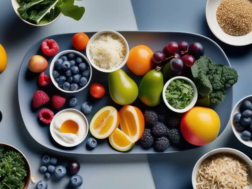 Una composición vibrante de frutas, verduras y alimentos fermentados en una elegante bandeja. Beneficios alimentos probióticos y prebióticos