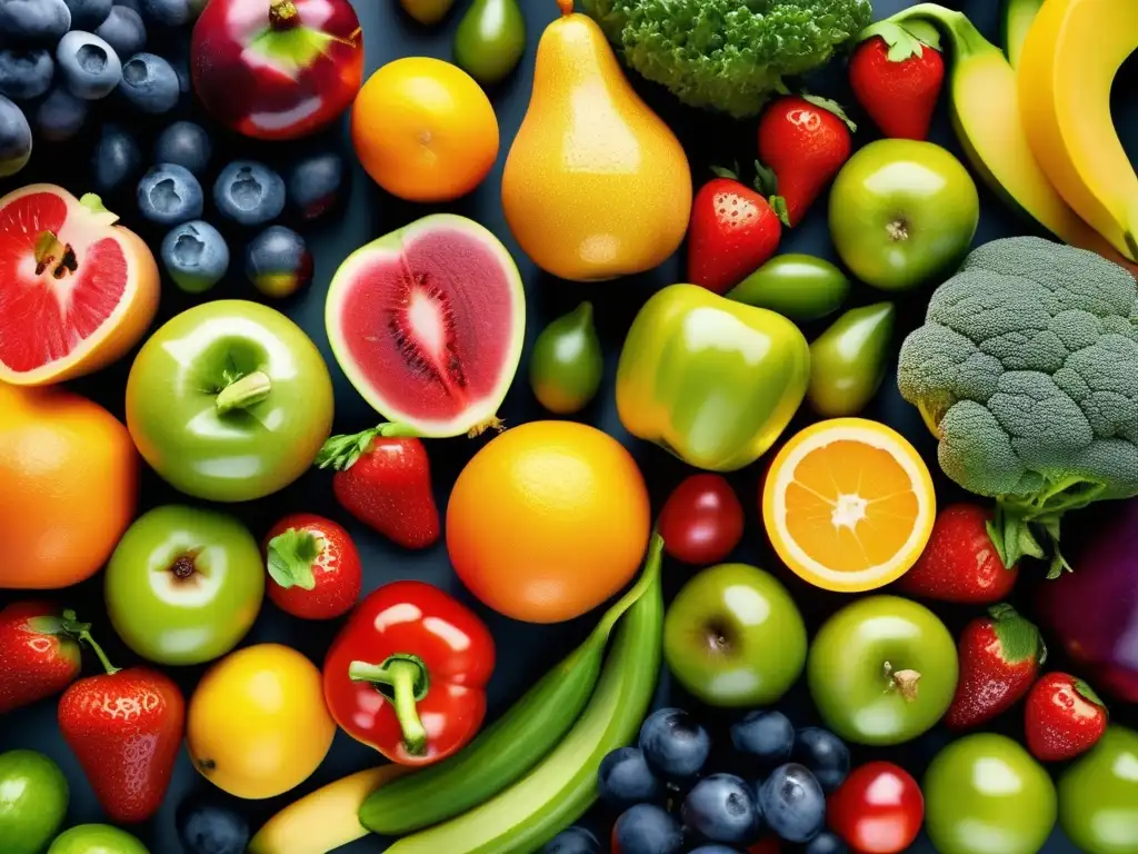 Una composición vibrante de frutas y verduras frescas, destacando su importancia en la dieta y su valor nutricional.
