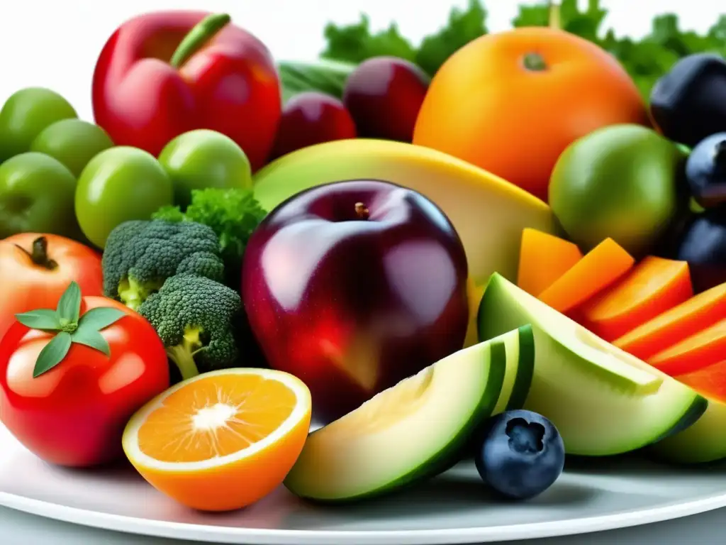 Una composición vibrante de frutas y verduras frescas y coloridas en un elegante plato blanco. <b>Importancia nutrición salud piel cabello.