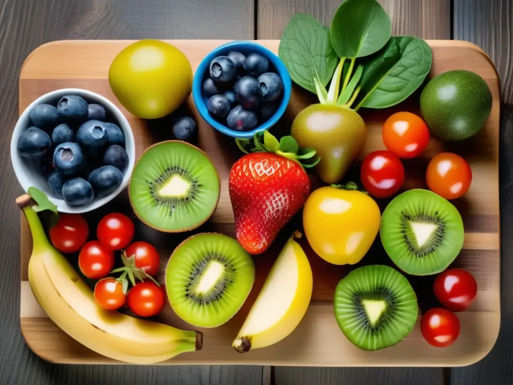 Una composición vibrante de frutas y verduras frescas en una tabla de cortar, destacando los beneficios probióticos y prebióticos para la dieta infantil.