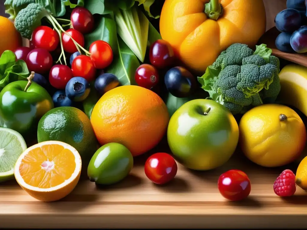 Una composición vibrante de frutas y verduras frescas, transmitiendo vitalidad y salud. <b>Dieta especial para prevenir insuficiencia renal.