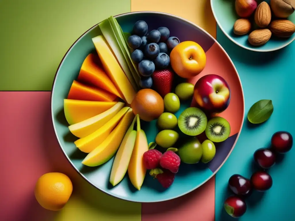 Una composición vibrante de frutas, verduras y frutos secos en un plato colorido. <b>Relación entre patrones alimenticios emociones.