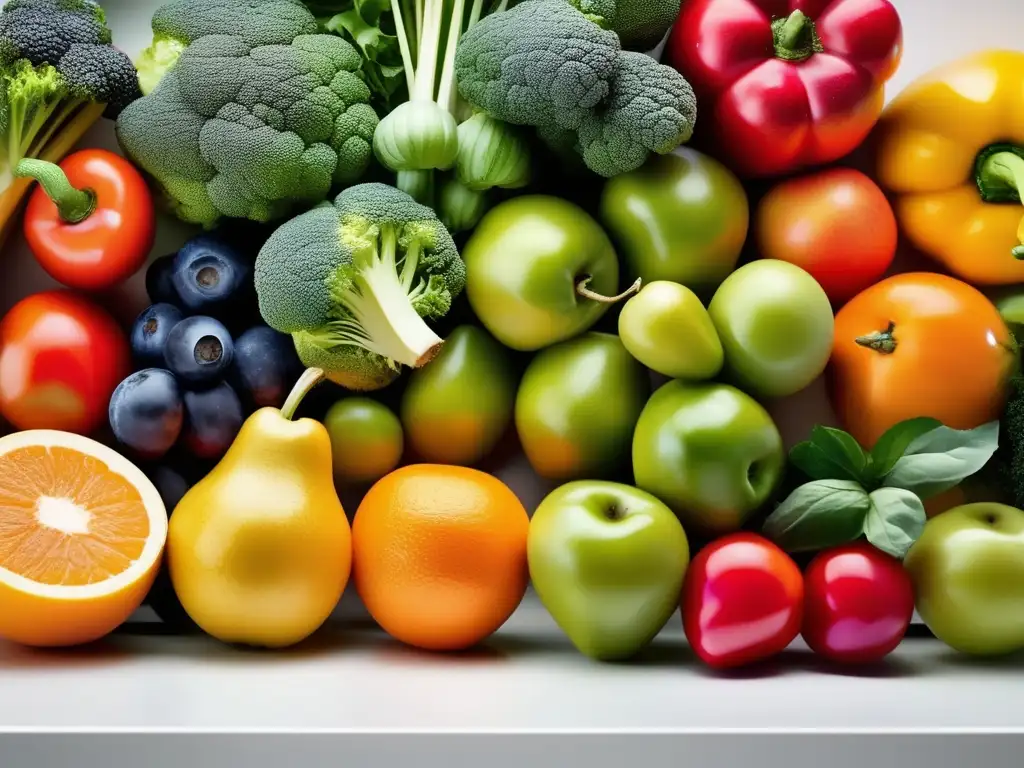Una composición vibrante de frutas y verduras frescas en una cocina moderna, evocando soluciones nutricionales para la malabsorción intestinal.