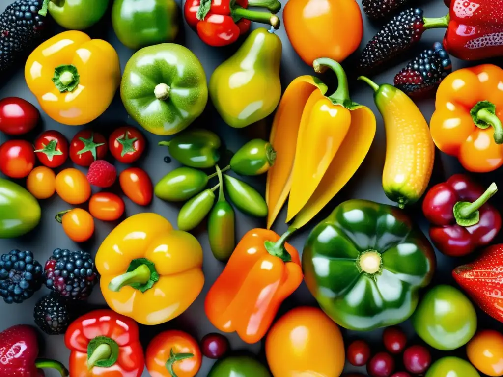 Patrón simétrico de frutas y verduras frescas Una composición vibrante de frutas y verduras frescas y coloridas que exuda abundancia y frescura, capturando la esencia de una dieta sostenible.