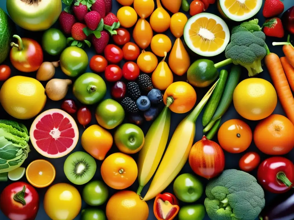 Una composición vibrante de frutas y verduras frescas, con gotas de agua, resaltando los beneficios probióticos para el sistema inmune.