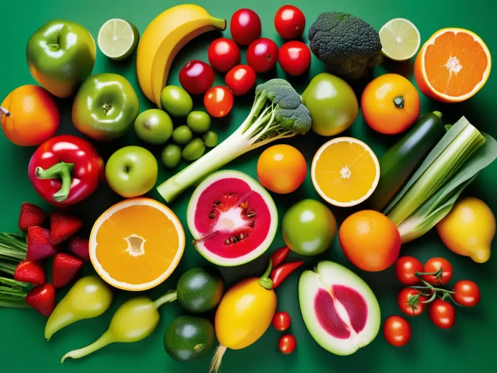 Una composición vibrante de frutas y verduras, esenciales para la nutrición específica en deportes de combate.