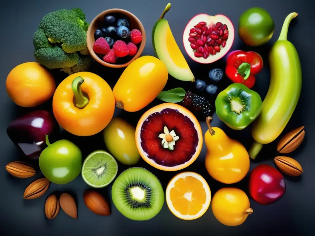 Una composición vibrante de frutas, verduras, frutos secos y semillas frescos y coloridos. Alimentos antiinflamatorios en dieta vegana.
