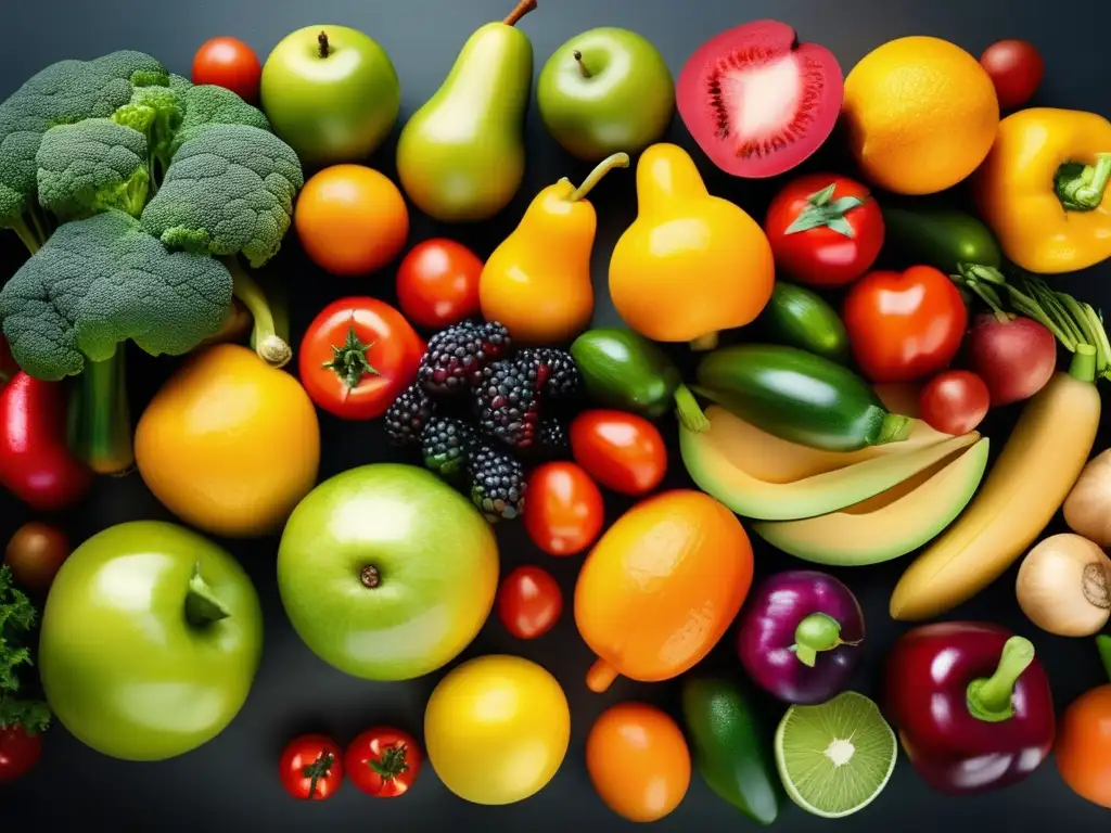 Una composición vibrante de frutas y verduras frescas, resaltando la Importancia de la nutrición emocional.