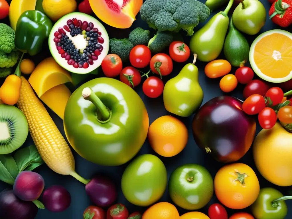 Una composición vibrante de frutas y verduras en primer plano, destacando la diversidad de nutrientes en la suplementación en dieta vegana.