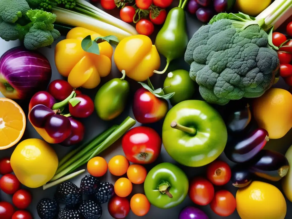 Una composición vibrante de frutas y verduras frescas con detalles ultra definidos. Componentes activos alimentos funcionales