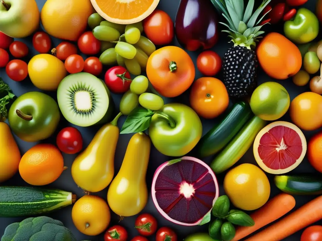 Una composición vibrante de frutas y verduras, dispuestas en un patrón geométrico moderno. <b>La imagen de alta resolución muestra detalles y texturas, realzada por una iluminación suave que resalta los colores frescos.</b> <b>Beneficios alimentos funcionales comunicación.