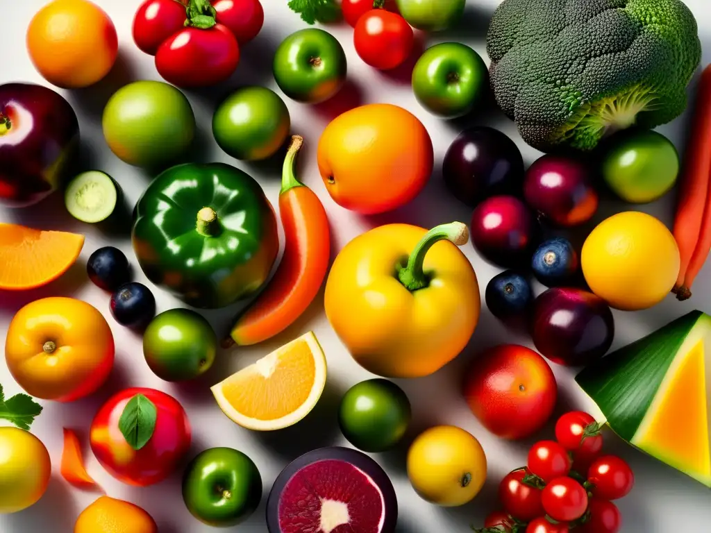Una composición vibrante de frutas y verduras frescas en un patrón geométrico. <b>Alimentos funcionales para una vida saludable.