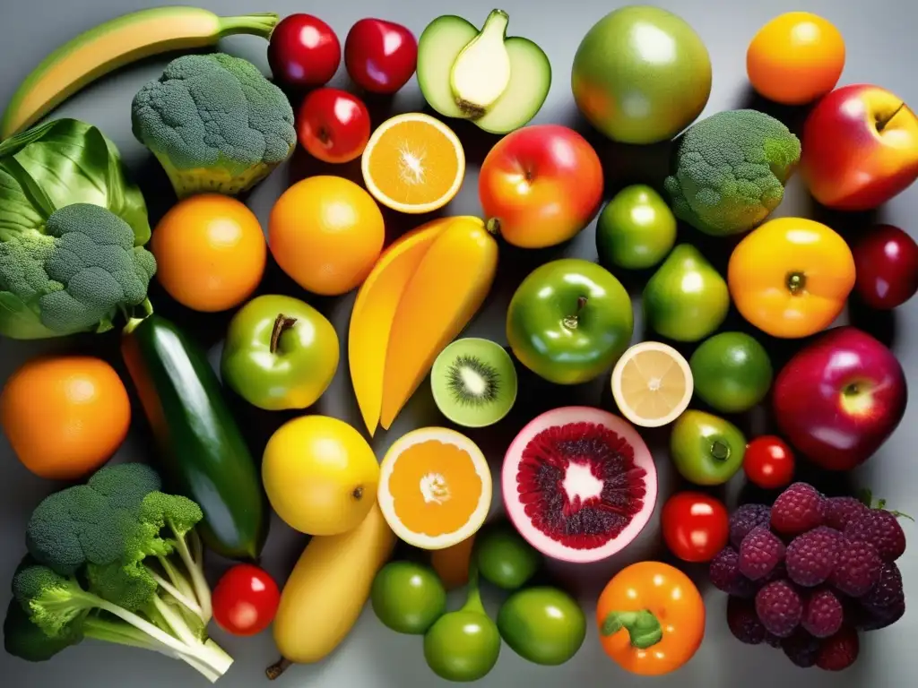 Una composición vibrante de frutas y verduras frescas, resaltando su diversidad de colores y texturas, evocando nutrición y estado de ánimo positivo.