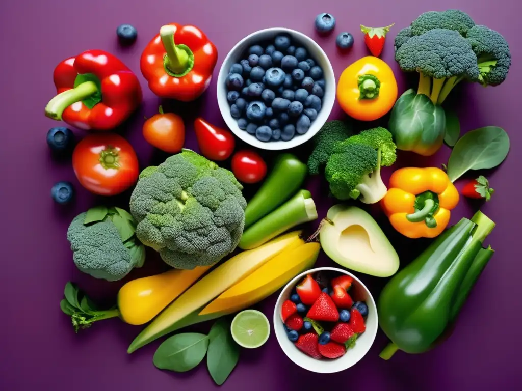 Una composición vibrante de frutas y verduras frescas, destacando la nutrición antioxidante mitos y realidades.
