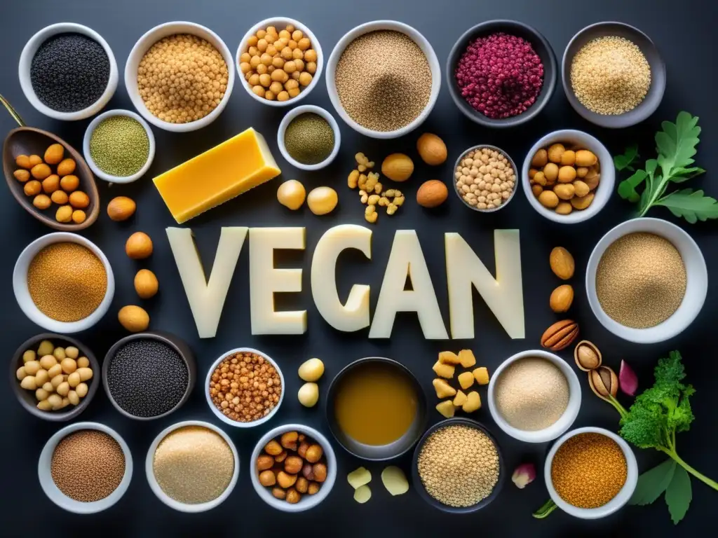 Una composición vibrante de fuentes de proteína vegana, como quinoa, lentejas, garbanzos, tofu, tempeh, nueces y semillas, en una superficie negra mate. La iluminación natural realza los detalles, destacando la diversidad de opciones de suplementación para deportistas veganos.