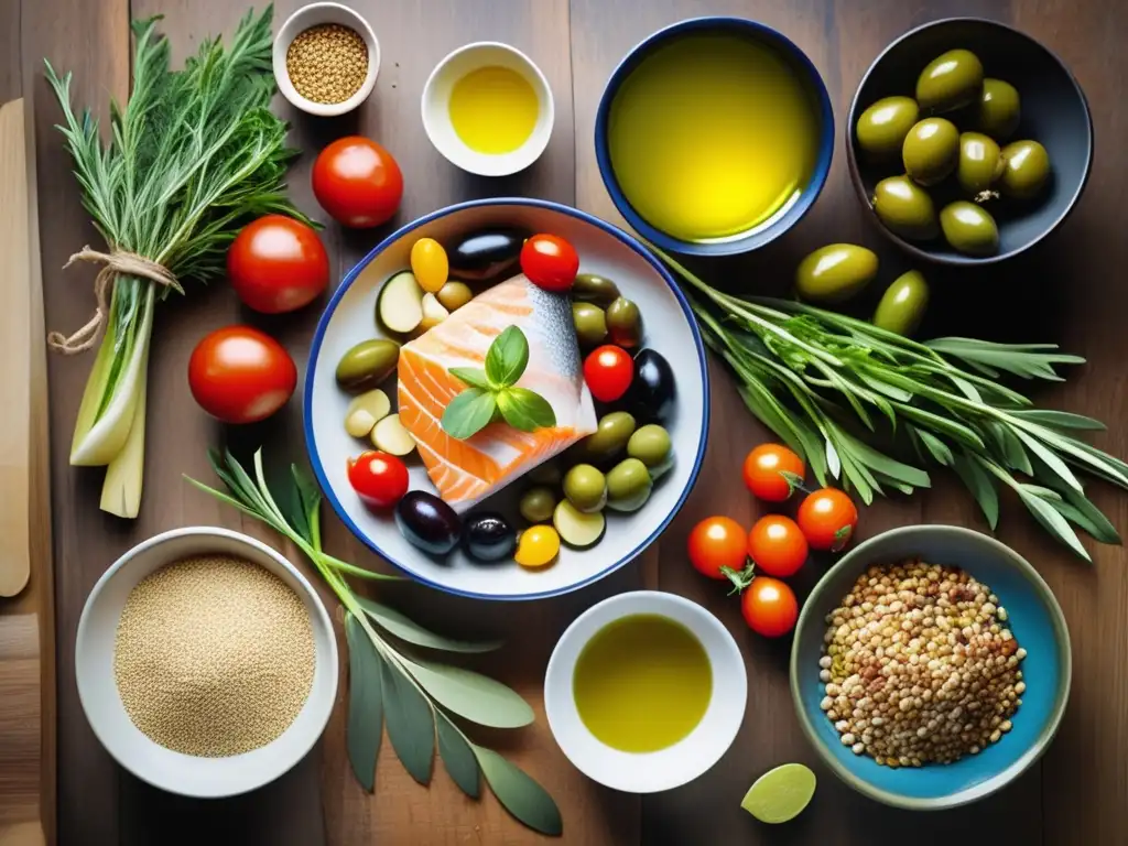 Una composición vibrante de ingredientes de la dieta mediterránea, con impacto del cambio climático en dietas saludables.