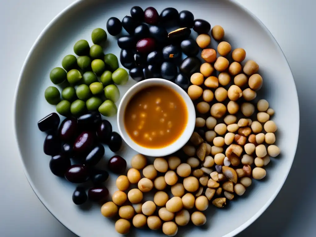 Arcoíris de legumbres recién cocidas en plato blanco