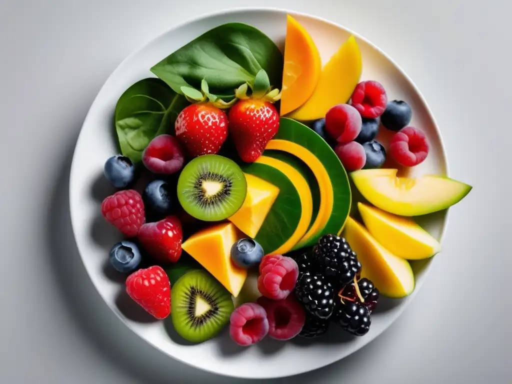Una composición vibrante de superalimentos para dieta saludable, con colores y texturas únicas en un elegante plato blanco.