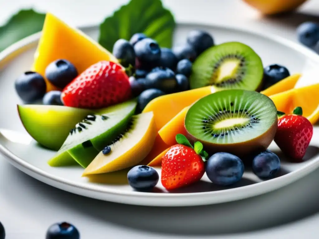 Una composición vibrante de superalimentos frescos y coloridos en un elegante plato blanco, resaltando los beneficios para la salud.