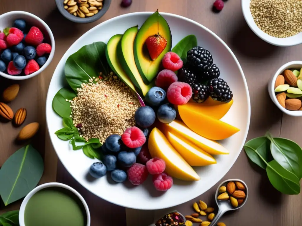 Una composición vibrante de superalimentos en un plato blanco sobre mesa de madera. <b>